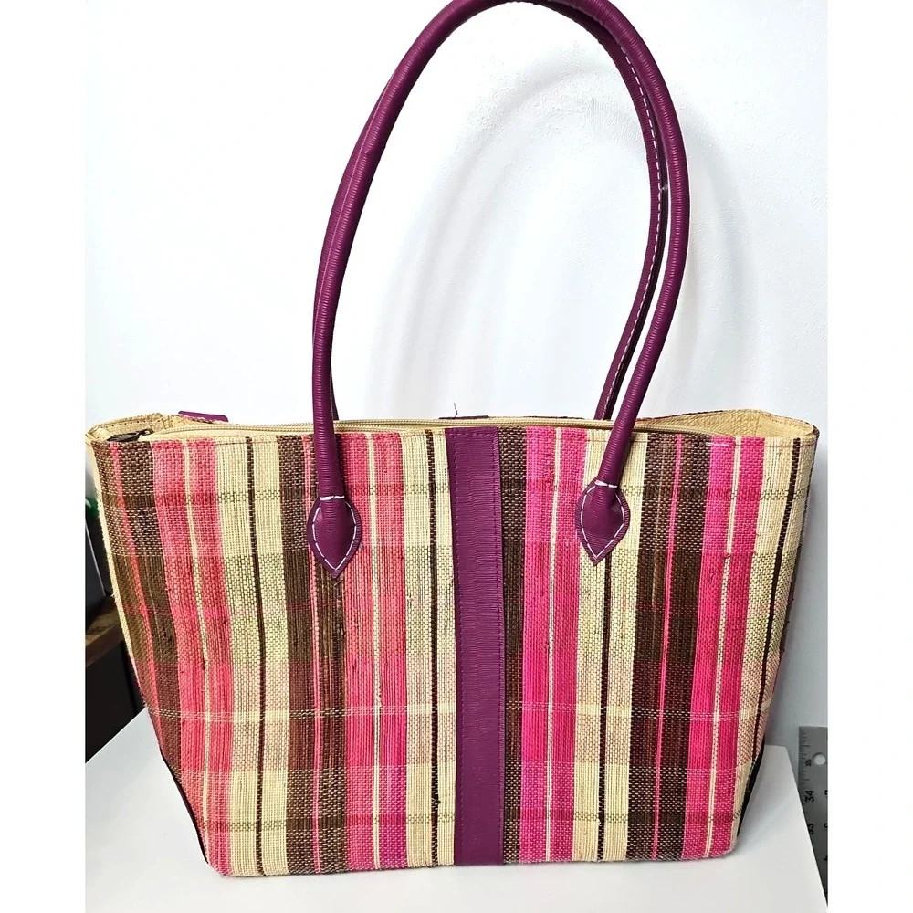 Handmade Woven Raffia Tote Bag Purple Faux Leather Straps Striped Boho Summer